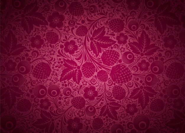 Background in dark pink magenta with floral motifs in the style of Russian Khokhloma