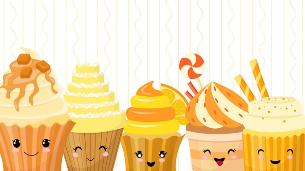 Background decorated with cupcakes. Cakes with cute faces in the style of kawaii