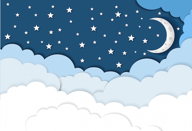 Background design papercut, night sky, cloud and moon