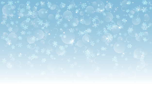 Background of falling white snowflakes on light blue background