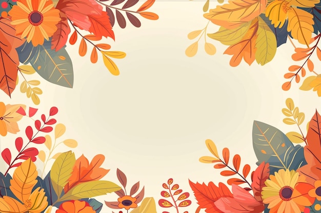 Background Framed by Colorful Autumn Leaves and Flowers