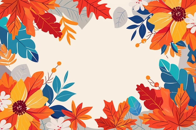 Background Framed by Colorful Autumn Leaves and Flowers