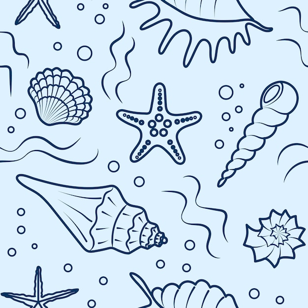 Background from the contours of sea shells starfish waves bubbles Seamless summer pattern in line art style For printing on fabric covers