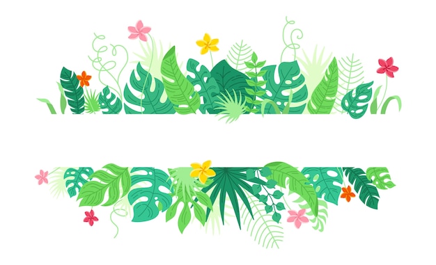 Background from tropical leaves and flowers, cartoon style. Trendy hawaiian frame. Tropic rainforest foliage border with monstera, banana leaves