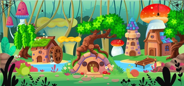 Background for games and mobile applications Landscape with houses of hobbits and gnomes a river Fantasy tower and a house with a water wheel on the island Vector cartoon landscape