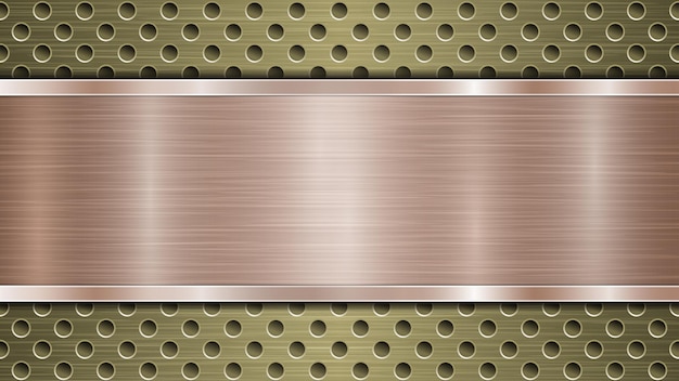 Vector background of golden perforated metallic surface with holes and horizontal bronze polished plate with a metal texture glares and shiny edges