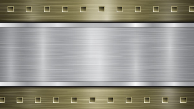 Background of golden perforated metallic surface with holes and silver horizontal polished plate with a metal texture glares and shiny edges