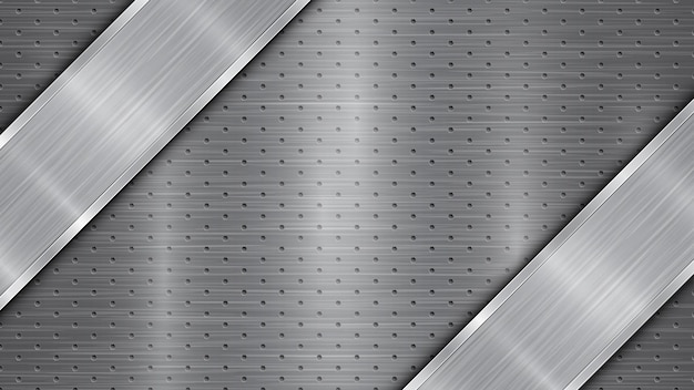 Background in gray colors consisting of a metallic perforated surface with holes and a polished plate with metal texture glares and shiny edges