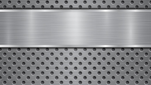 Background in gray colors consisting of a metallic perforated surface with holes and a polished plate with metal texture glares and shiny edges