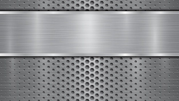 Background in gray colors consisting of a metallic perforated surface with holes and a polished plate with metal texture glares and shiny edges