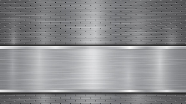 Background in gray colors consisting of a metallic perforated surface with holes and a polished plate with metal texture glares and shiny edges