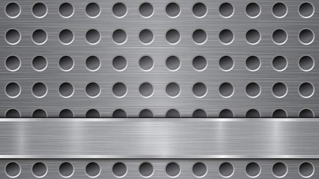 Background in gray colors consisting of a metallic perforated surface with holes and a polished plate with metal texture glares and shiny edges