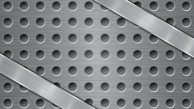 Background in gray colors consisting of a metallic perforated surface with holes and a polished plate with metal texture glares and shiny edges