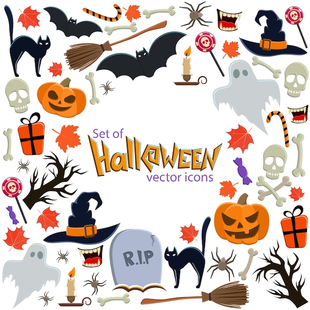 Background of Halloween icons with round frame. Template for packaging, cards, posters, menu. 