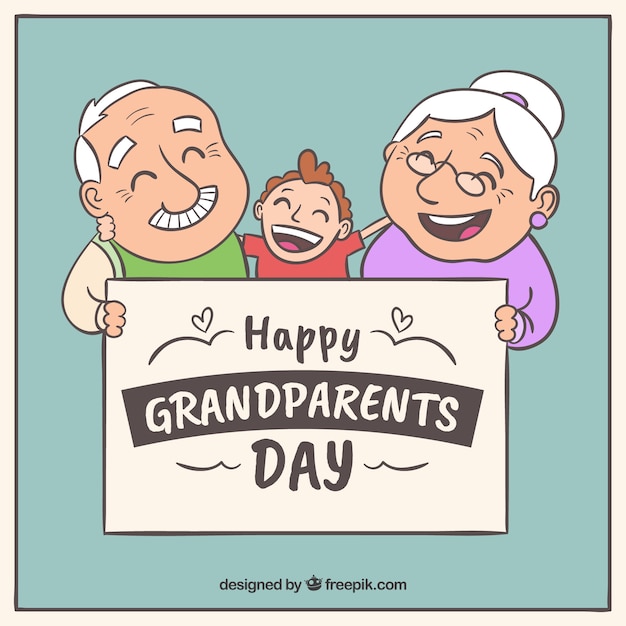 Vector background of hand drawn happy grandparents with their grandson