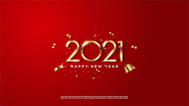 Background  happy new year golden color on a red background.