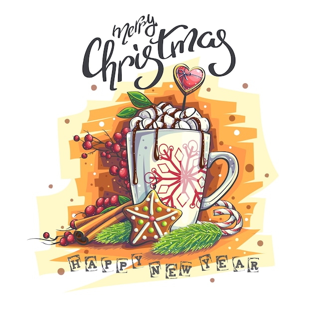  background illustration Happy New Year Marry Christmas. A mug with marshmallows and hot chocolate, rowan, cinnamon, cookies, Christmas tree branches.