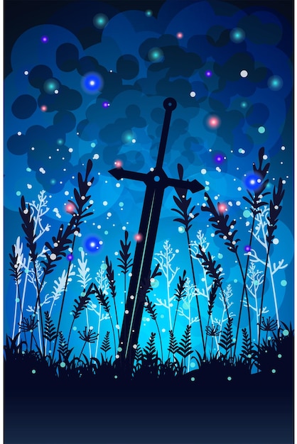 Background illustration of silhouette sword stuck on the ground with firefly and grass around it