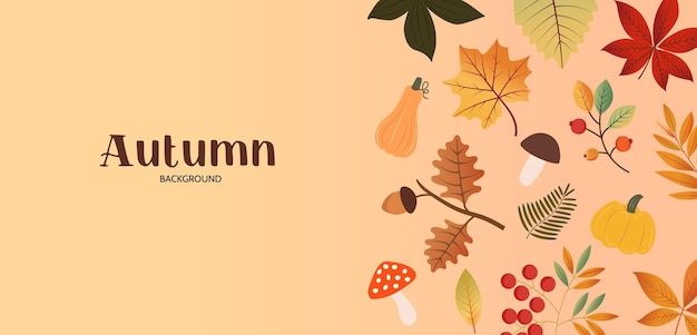 Vector the background is decorated in an autumn theme autumn leaves berries mushrooms and acorns