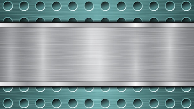 Vector background of light blue perforated metallic surface with holes and horizontal silver polished plate with a metal texture glares and shiny edges