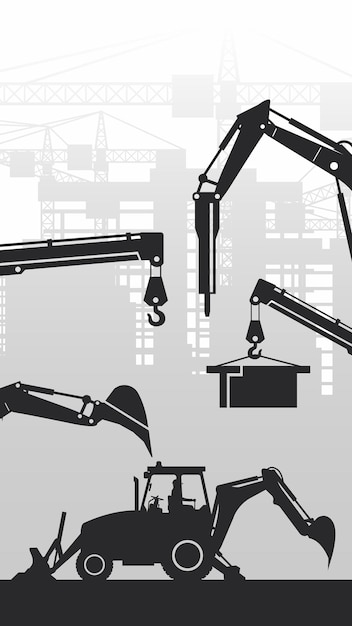 Background for mobile with silhouette of backhoe and heavy machinery over the city with building constructions