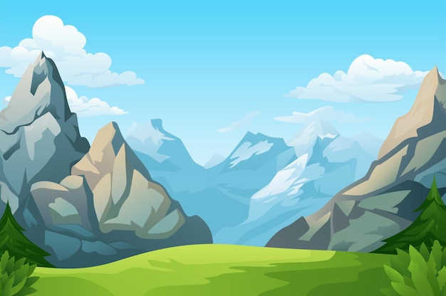 Vector background mountains playful cartoon illustration with a charming mountain