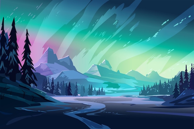 Background north light in the flat cartoon design against a canvas of majestic mountains this