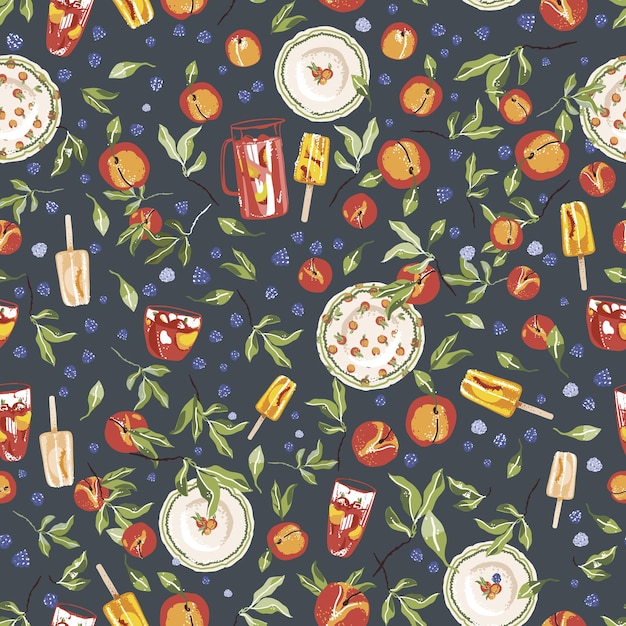 Background pattern of peaches on a green background