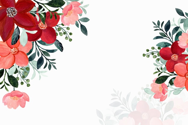 Background of red flowers and green leaves with watercolor