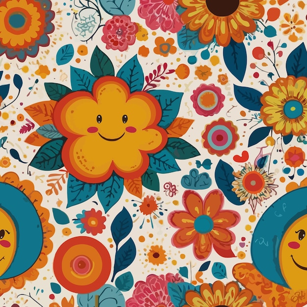 background retro spring cute flowers with faces collection