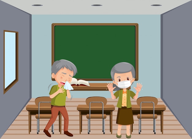 Background scene two sick people in classroom