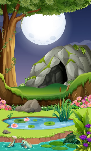 Background scene with cave at night