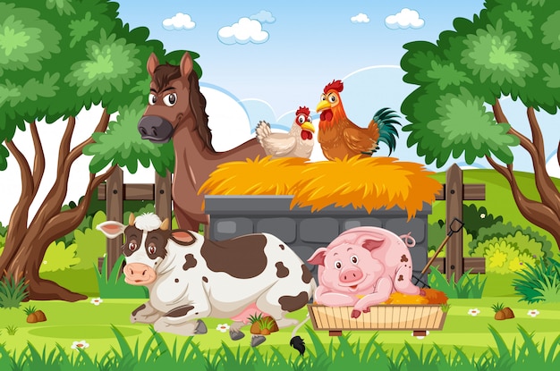 Background scene with farm animals in the park