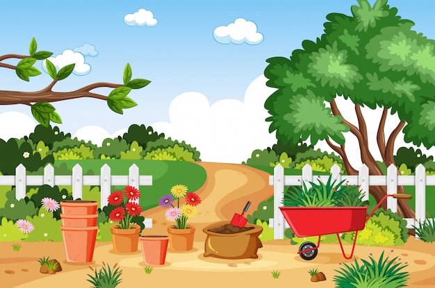 Background scene with gardening tools in the park