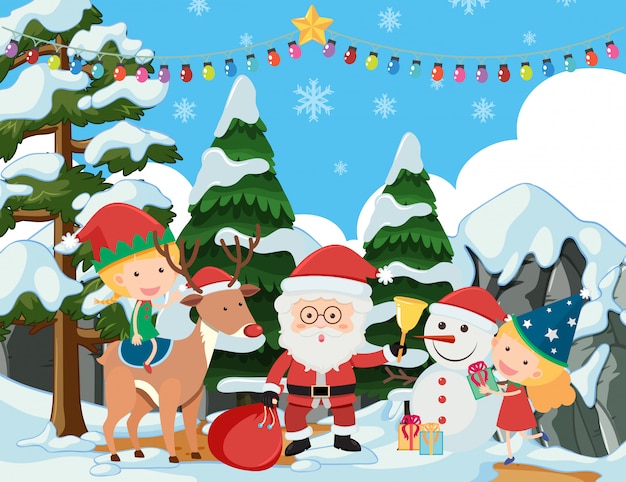 Background scene with Santa and kids in snow field