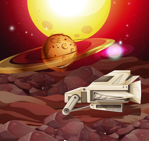 Vector background scene with spaceship on planet