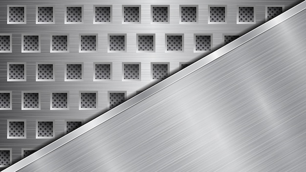 Background in silver and gray colors consisting of a perforated metallic surface with holes and one big polished plate located in diagonal with a metal texture glares and shiny edge