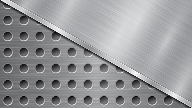 Vector background in silver and gray colors consisting of a perforated metallic surface with holes and one big polished plate located in diagonal with a metal texture glares and shiny edge