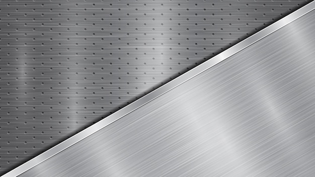 Background in silver and gray colors consisting of a perforated metallic surface with holes and one big polished plate located in diagonal with a metal texture glares and shiny edge