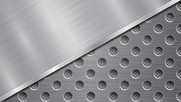 Vector background in silver and gray colors consisting of a perforated metallic surface with holes and one big polished plate located in diagonal with a metal texture glares and shiny edge