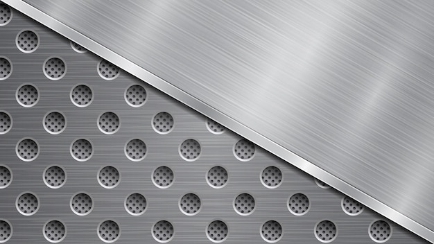 Background in silver and gray colors consisting of a perforated metallic surface with holes and one big polished plate located in diagonal with a metal texture glares and shiny edge