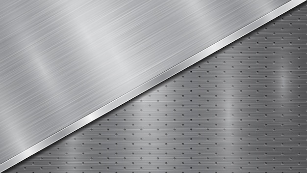 Background in silver and gray colors consisting of a perforated metallic surface with holes and one big polished plate located in diagonal with a metal texture glares and shiny edge