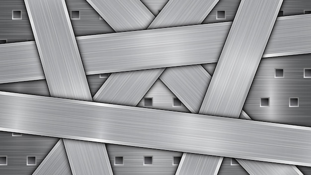 Background in silver and gray colors consisting of a perforated metallic surface with holes and several randomly arranged intersecting polished plates with a metal texture glares and shiny edges