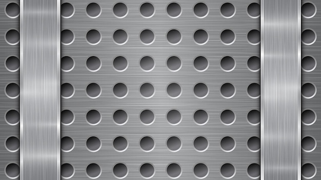 Vector background in silver and gray colors consisting of a perforated metallic surface with holes and two vertical polished plates located left and right with a metal texture glares and shiny edges