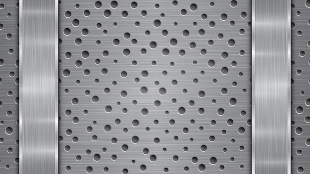 Background in silver and gray colors consisting of a perforated metallic surface with holes and two vertical polished plates located left and right with a metal texture glares and shiny edges