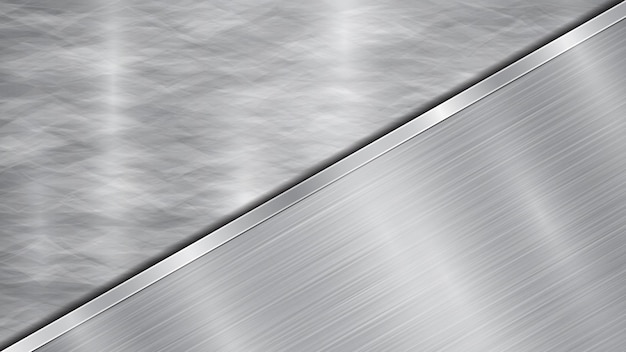 Background in silver and gray colors consisting of a shiny metallic surface and one big polished plate located in diagonal with a metal texture glares and burnished edge