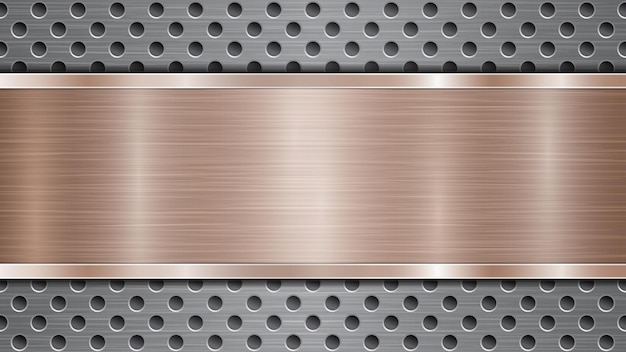 Background of silver perforated metallic surface with holes and horizontal bronze polished plate with a metal texture glares and shiny edges