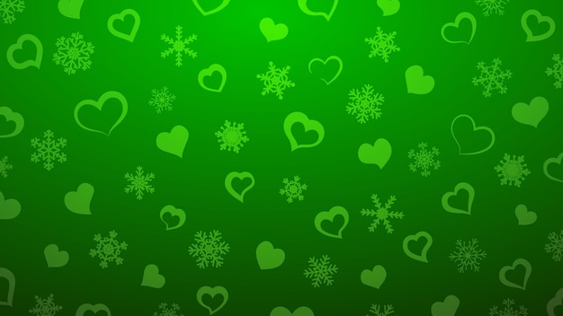 Background of snowflakes and small hearts in green colors