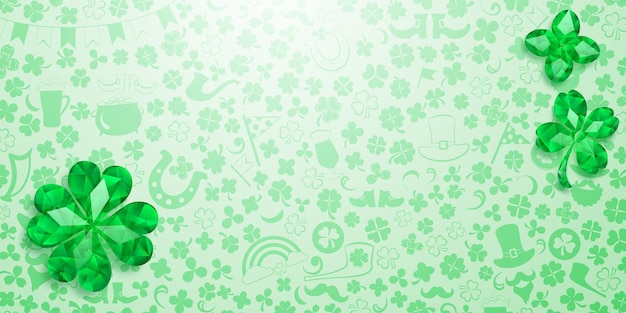 Background on St Patricks Day made of crystal clover leaves and other symbols in light green colors