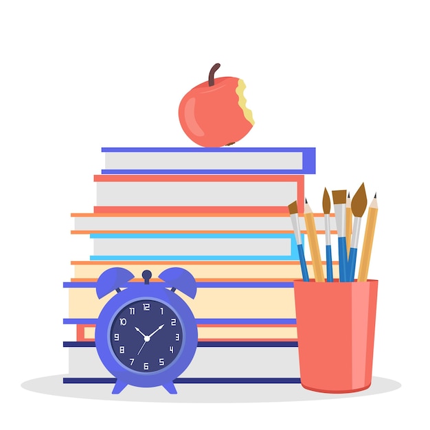 Background on the theme back to school. Alarm clock and stapler and an apple with a stack of books